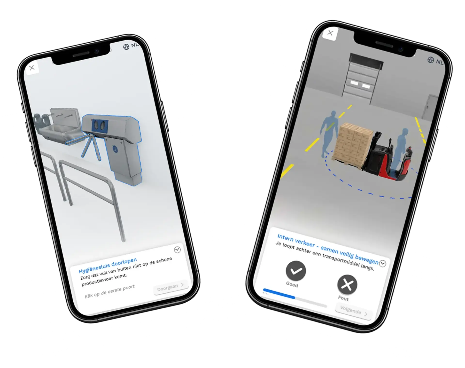 Twee telefoons met 3D-microlearnings uit de Skillcircle: hygiënesluis doorlopen en intern verkeer op de productievloer.